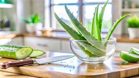 Fresh cucumber slices and aloe vera plant