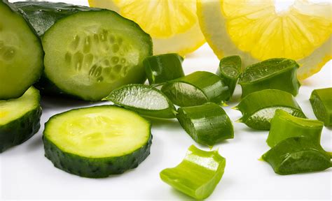Collage of natural ingredients used for skin tightening: aloe vera, cucumber, egg whites, lemon