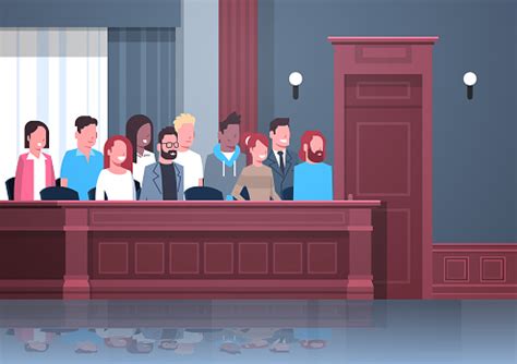 Illustration of a courtroom with a jury box and legal professionals