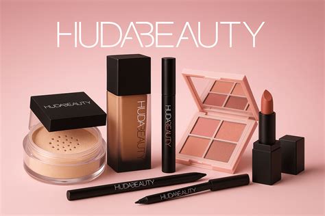 Collage of Huda Beauty makeup products including eyeshadow palettes, lipsticks, and foundations