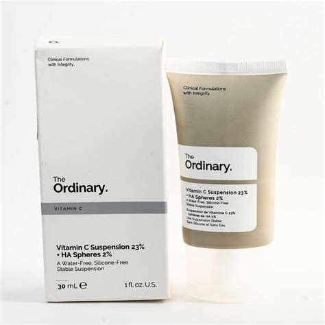 A close-up photo of The Ordinary Vitamin C Suspension 23% + HA Spheres 2% product packaging and texture.