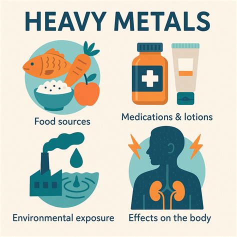 Infographic illustrating common heavy metals found in cosmetics and their potential health risks.