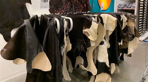 A collage of different IKEA cowhide rugs showcasing various color patterns and sizes.