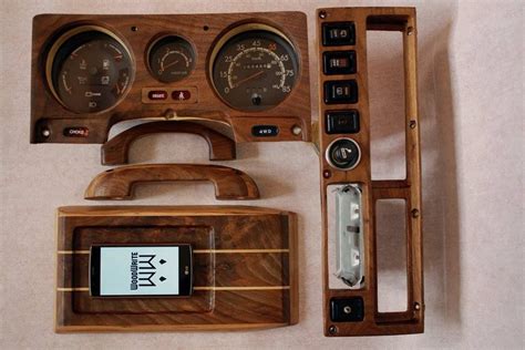 A visual comparison showing a damaged wooden dashboard in a classic car and its restored appearance using a textured black finish.
