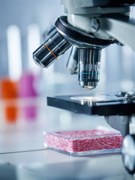 Close-up of a dermatologist examining a skin sample under a microscope in a lab setting.
