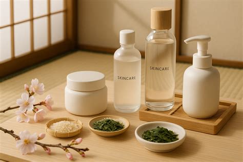 An illustration of traditional Japanese skincare ingredients like rice and herbs.