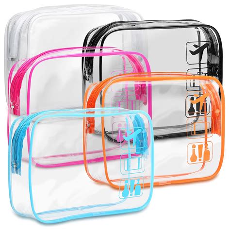 Illustration of various clear toiletry bags for travel