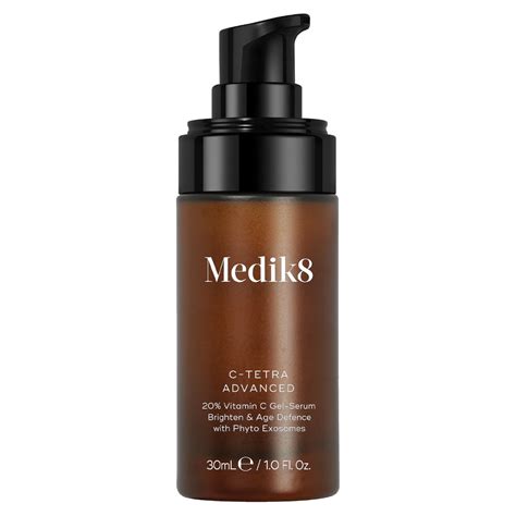 A graphic comparing the vitamin C percentages and key ingredients of the three Medik8 C-Tetra serums.