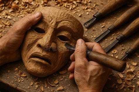 Close-up of a craftsman's hands carving a wooden mask.