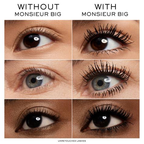 Before and after photos showcasing the dramatic volume and length from Lancome Monsieur Big mascara