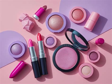 A collection of various purple makeup products, including lipsticks, eyeshadows, blushes, and mascaras, arranged aesthetically.