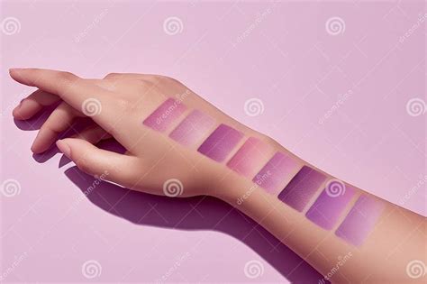 A close-up of swatched purple lipsticks on an arm, showing a variety of shades and finishes.
