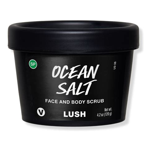 A clear shot of the Lush Ocean Salt scrub in its black recycled pot, showing the texture of the salt and butter.