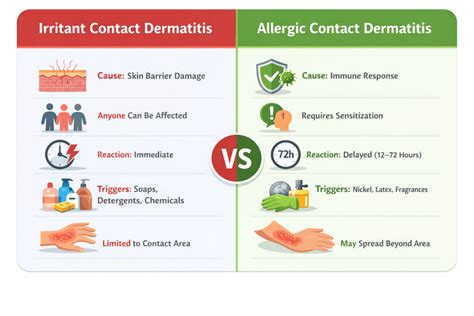 Illustration comparing allergic contact dermatitis (with blisters) and irritant contact dermatitis (inflamed and bumpy).