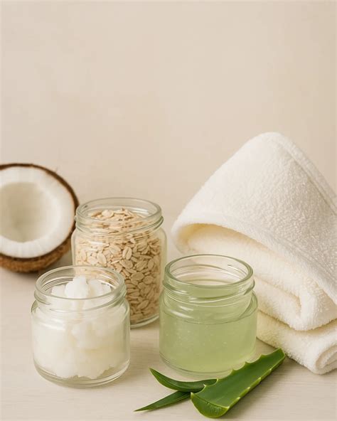 Collage of natural remedies for skin irritation: coconut oil, oatmeal, aloe vera.