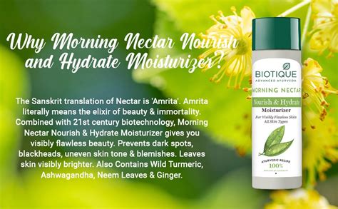 Image of Biotique Morning Nectar bottle, highlighting its hydrating properties.