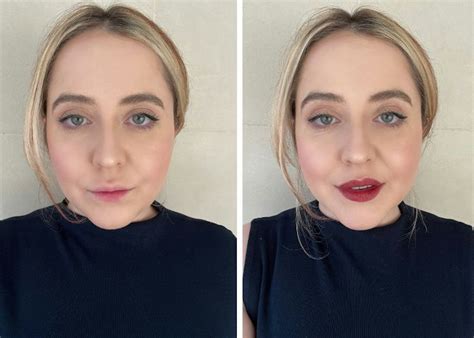 Before and after photos showcasing the subtle tint of Wonderskin lip stain