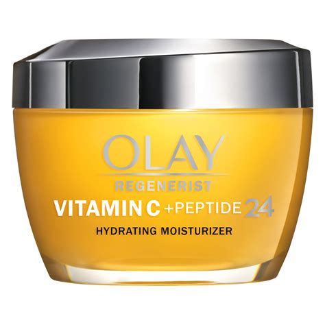 Olay Regenerist Vitamin C + Peptide 24 Moisturizer bottle with SPF 30 label and Vitamin C imagery