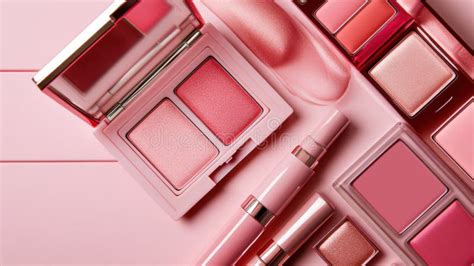 An assortment of pink makeup products, including lipstick, blush, and eyeshadow, arranged artistically.