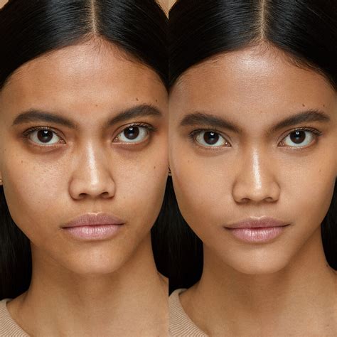 A split image showing a comparison of skin with and without foundation and concealer, highlighting the smoothing effect.