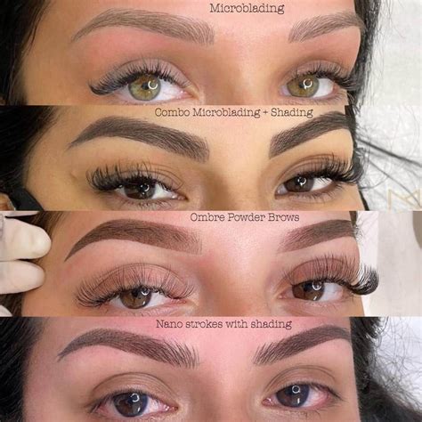 Comparison chart showing different eyebrow permanent makeup styles: Microblading, Powder Brows, Ombre Brows