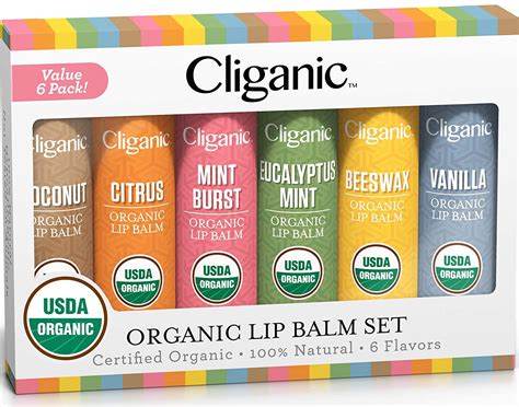 Product packaging of Cliganic Organic Lip Balm, highlighting its natural and organic certifications.