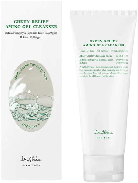 Split image showing before and after application of Dr. Althea Green Relief Amino Gel Cleanser on acne-prone skin.