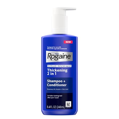 A bottle of Rogaine Thickening 2-in-1 Shampoo + Conditioner with a pump dispenser.