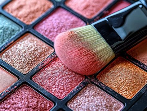 Close-up of an eyeshadow palette with complementary shades and a blending brush.