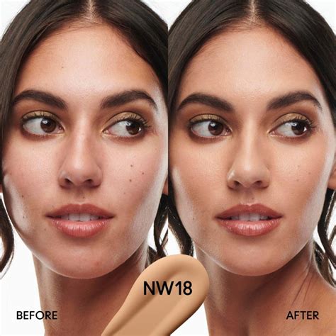 Split image showing skin before and after applying the serum-powered radiance foundation.