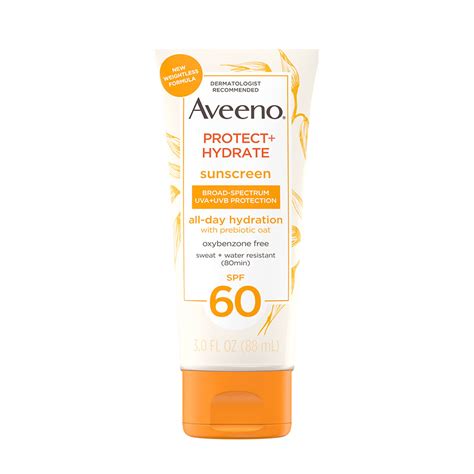 Packaging of Aveeno Protect + Hydrate SPF 60 Sunscreen Lotion