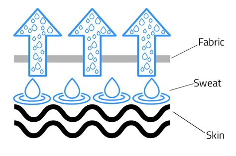 Infographic comparing cotton and moisture-wicking fabric after a workout, showing cotton saturated with sweat and the moisture-wicking fabric with sweat wicked to the surface for evaporation.