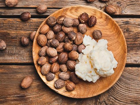 Image of raw shea butter nuts and processed shea butter.