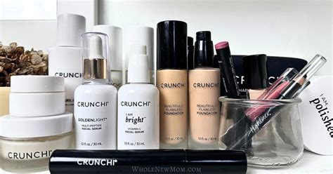 Visual showcasing Crunchi's makeup range, including foundation, concealer, mascara, and lip products.