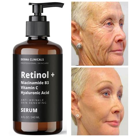 Collage of anti-aging skincare products: Vitamin C serum, Retinol cream, and Sunscreen