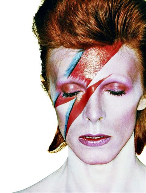 A portrait of David Bowie as Ziggy Stardust with the iconic lightning bolt makeup.