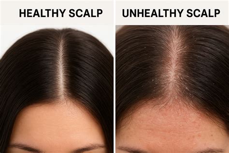 A split image: one side shows a healthy scalp, the other shows an unhealthy, flaky scalp, with activated charcoal elements bridging the gap.