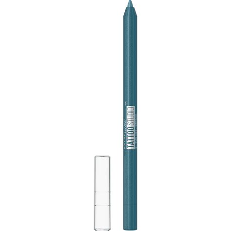A collection of Maybelline Tattoo Studio Gel Pencil eyeliners in various shades, showcasing their sharpenable pencil format and transparent caps.