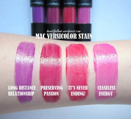 Swatches of several MAC Versicolour Lip Stain shades on arm skin.