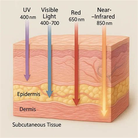 Diagram illustrating the penetration of infrared light into skin and muscle tissues.