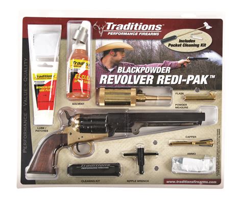 Contents of a typical cap-and-ball revolver starter kit laid out