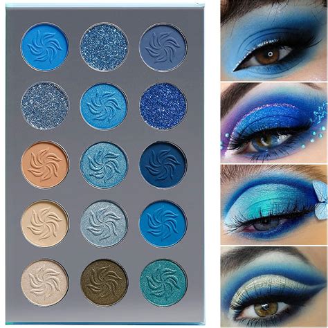 Eyeshadow palette with gold and blue shades, alongside eyeliner.