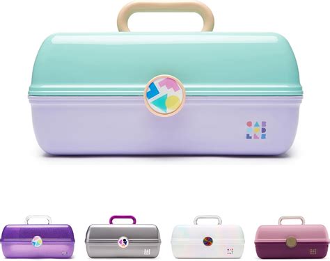 Illustration of a classic pink and blue two-toned Caboodle case with its auto-open tray extended.