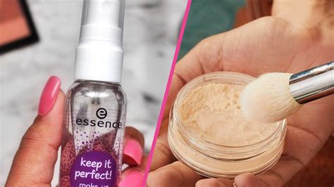 A split image showing makeup being set with powder on one side and setting spray on the other.