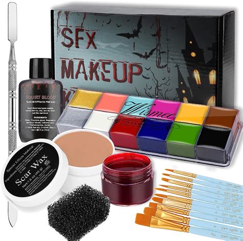 A flat lay of popular Halloween makeup products: face paints, colorful eyeshadows, liquid liners, and fake blood.