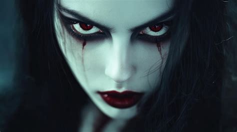 A close-up of a classic vampire makeup look: pale skin, smoky eyes, and deep red lips with a hint of fake blood.