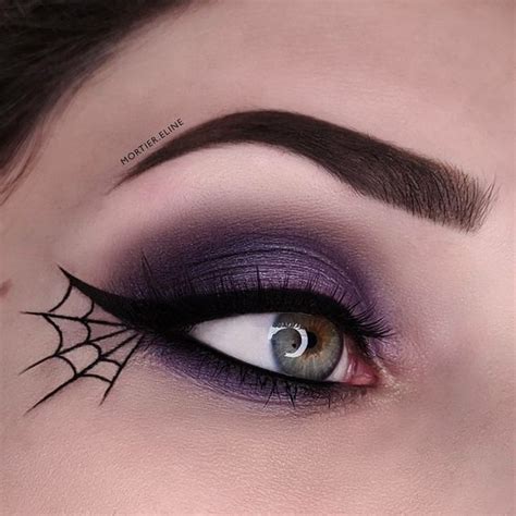 A collage of creative Halloween eye makeup: a spiderweb design, a sharp graphic liner, and a smoky purple eye.