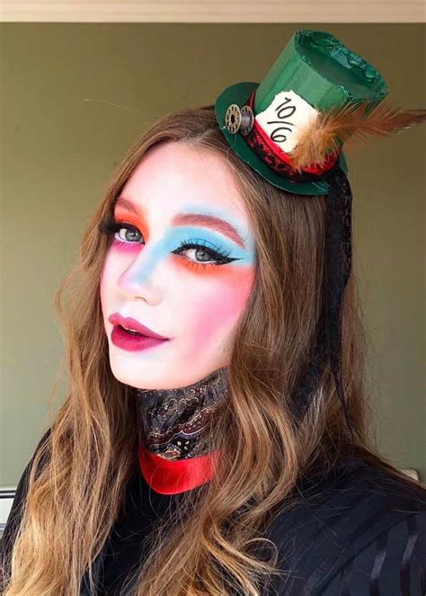 A vibrant and detailed Mad Hatter makeup look with colorful accents.