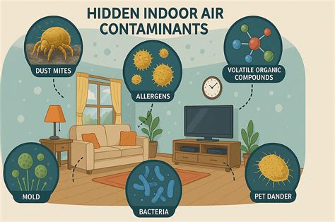 Illustration of various contaminants found on unwashed bed sheets: dust mites, bacteria, pet dander, food crumbs.