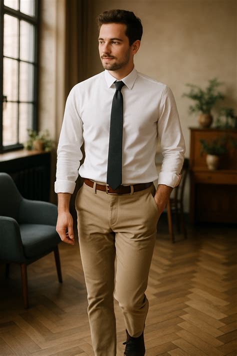 A man confidently wearing wrinkle-resistant chinos in a professional setting.